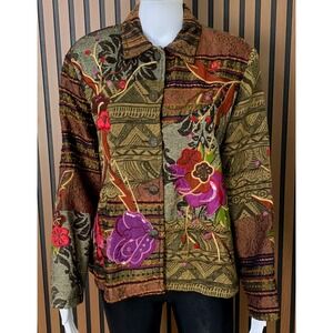 Coldwater Creek Embroidered Patchwork Floral Sequin Jacket Olive Brown PL